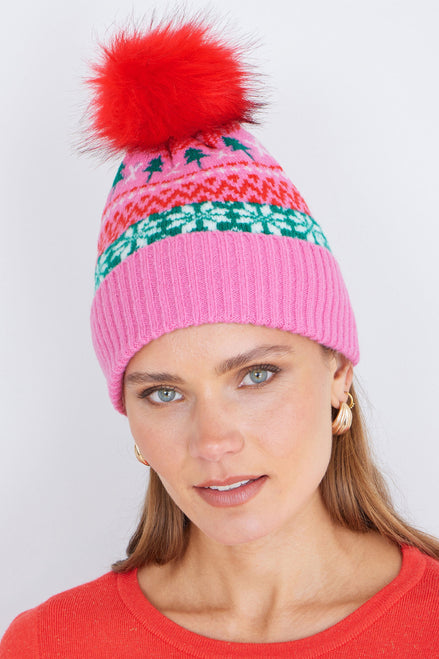 Yumi Pink Festive Fairisle Hat with Fur Pom Pom