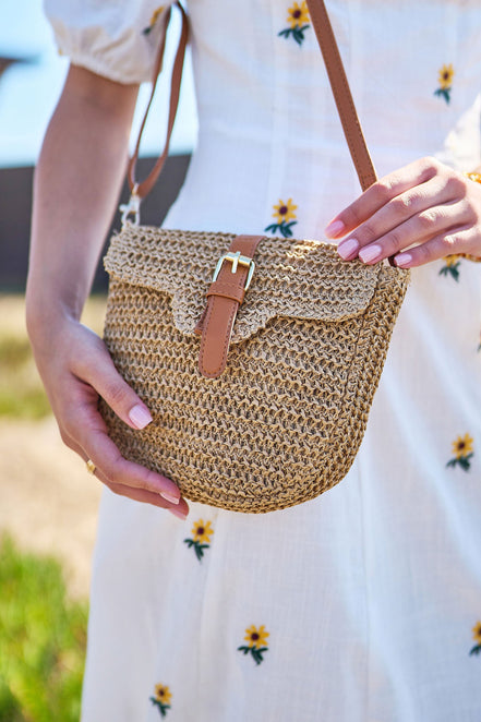 Yumi Brown Woven Rattan Handbag with Buckle