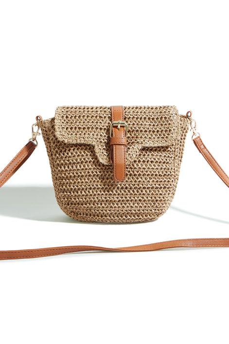 Yumi Brown Woven Rattan Handbag With Buckle