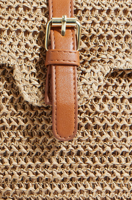 Yumi Brown Woven Rattan Handbag with Buckle