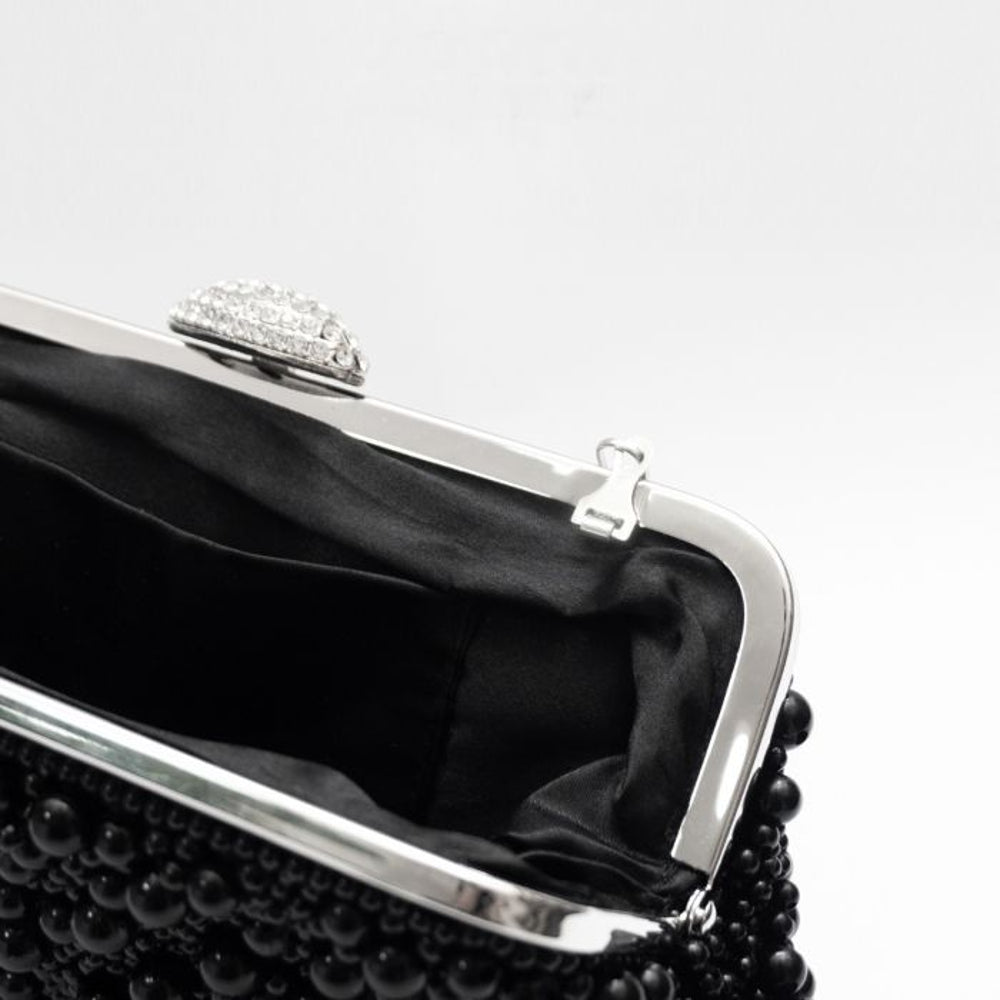 Black Pearl and Crystal Clutch Bag with Silver Details