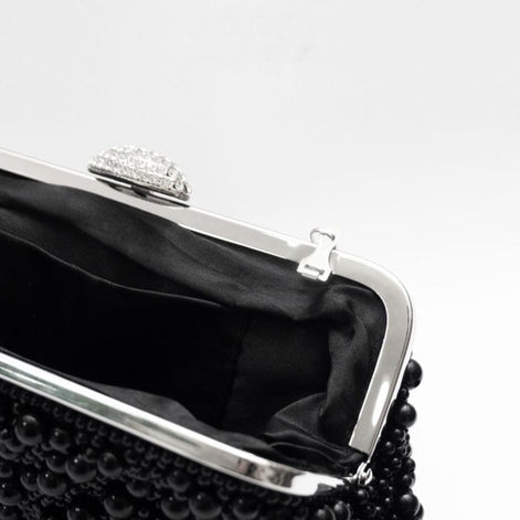Black Pearl and Crystal Clutch Bag with Silver Details