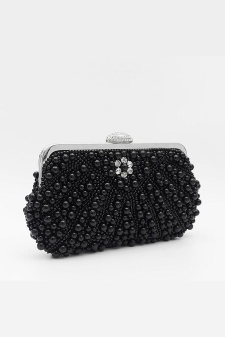 Black Pearl and Crystal Clutch Bag with Silver Details