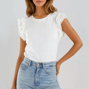 White Ruffle Broderie Anglaise Sleeve T-Shirt