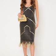 Black and Gold Embellished Midi Dress
