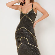 Black and Gold Embellished Midi Dress