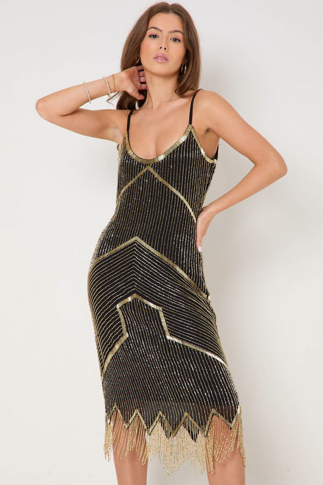 Black and Gold Embellished Midi Dress