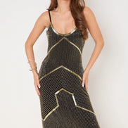 Black and Gold Embellished Midi Dress