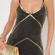 Black and Gold Embellished Midi Dress