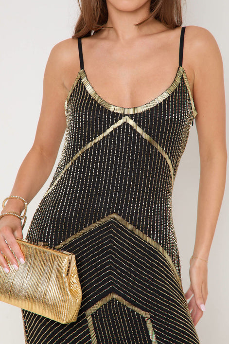 Black and Gold Embellished Midi Dress