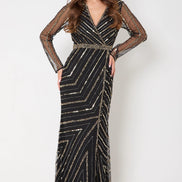 Black and Gold Long Sleeve Embellished Maxi Dress