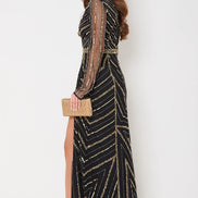 Black and Gold Long Sleeve Embellished Maxi Dress