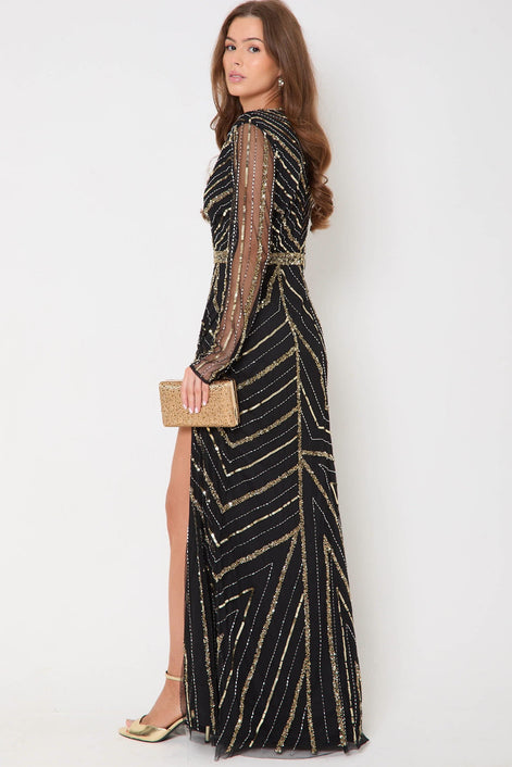 Black and Gold Long Sleeve Embellished Maxi Dress