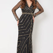 Black and Gold Long Sleeve Embellished Maxi Dress