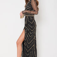 Black and Gold Long Sleeve Embellished Maxi Dress