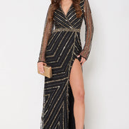 Black and Gold Long Sleeve Embellished Maxi Dress