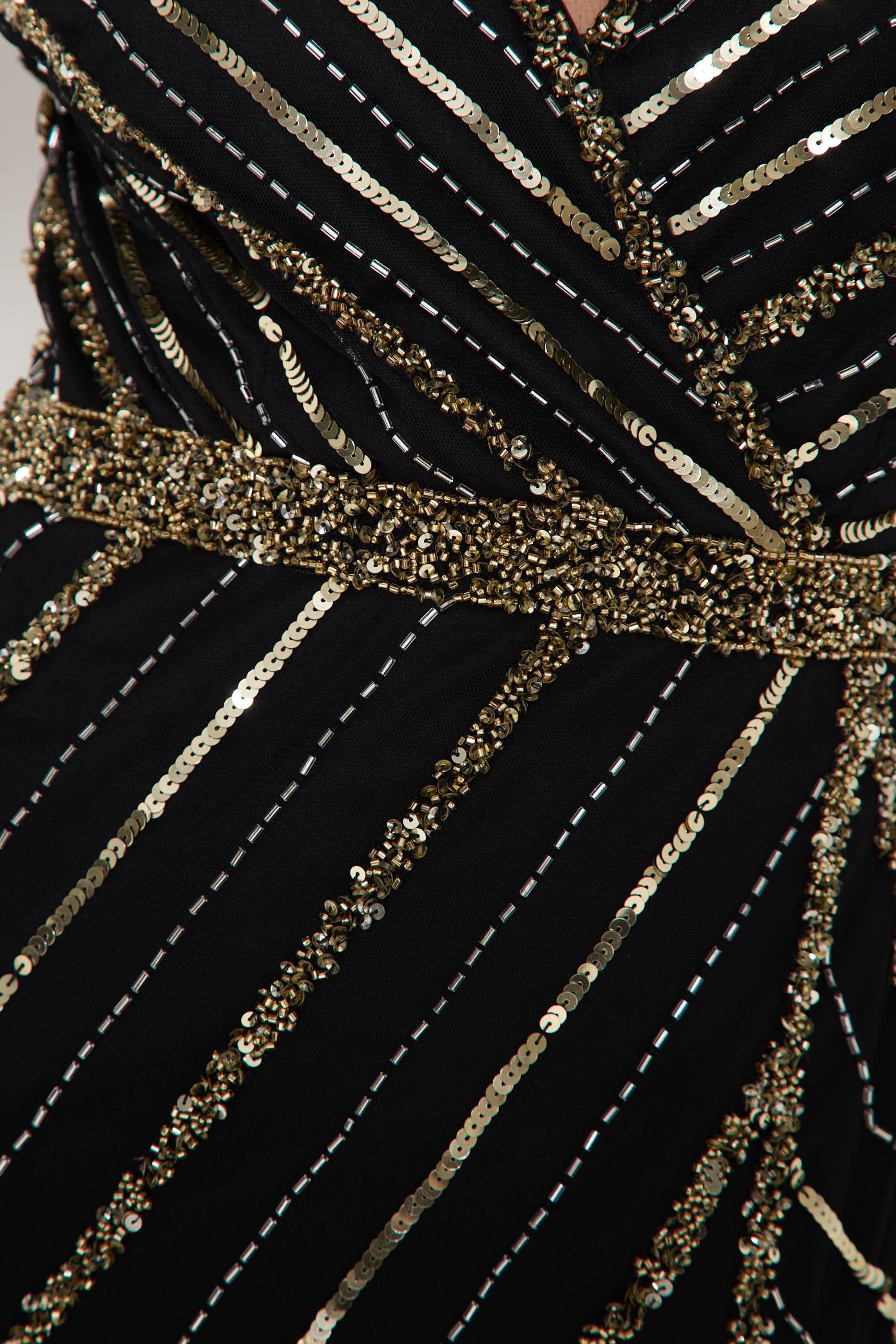 Black and Gold Long Sleeve Embellished Maxi Dress