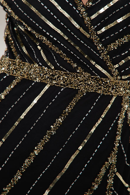 Black and Gold Long Sleeve Embellished Maxi Dress