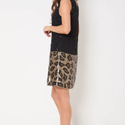Black Gold Sequin Mini Dress with Leopard Trim