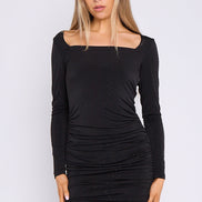 Black Diamante Ruched Mini Dress with Long Sleeves