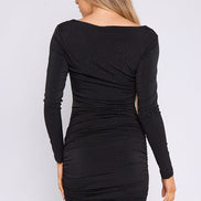 Black Diamante Ruched Mini Dress with Long Sleeves