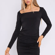 Black Diamante Ruched Mini Dress with Long Sleeves