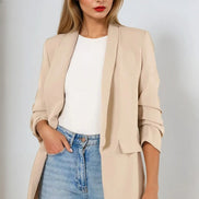Beige Blazer with Ruched Sleeves