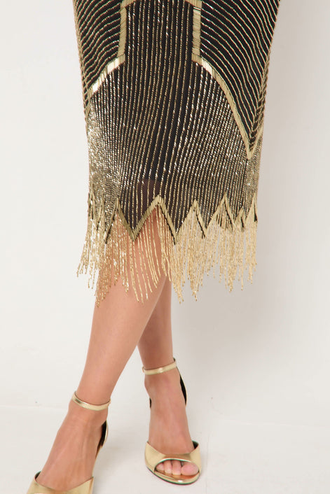 Black and Gold Embellished Midi Dress