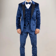 AK-27 - Men's Blue 3 Piece Velvet Wedding Tuxedo Suit