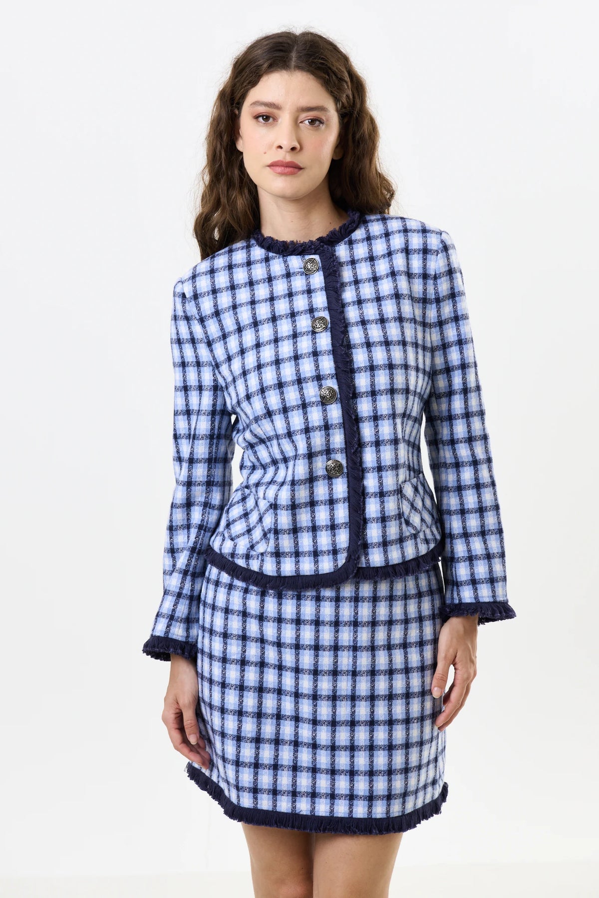 Amora Blue Tweed Fringe Trim Jacket