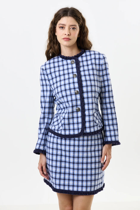 Amora Blue Tweed Fringe Trim Jacket
