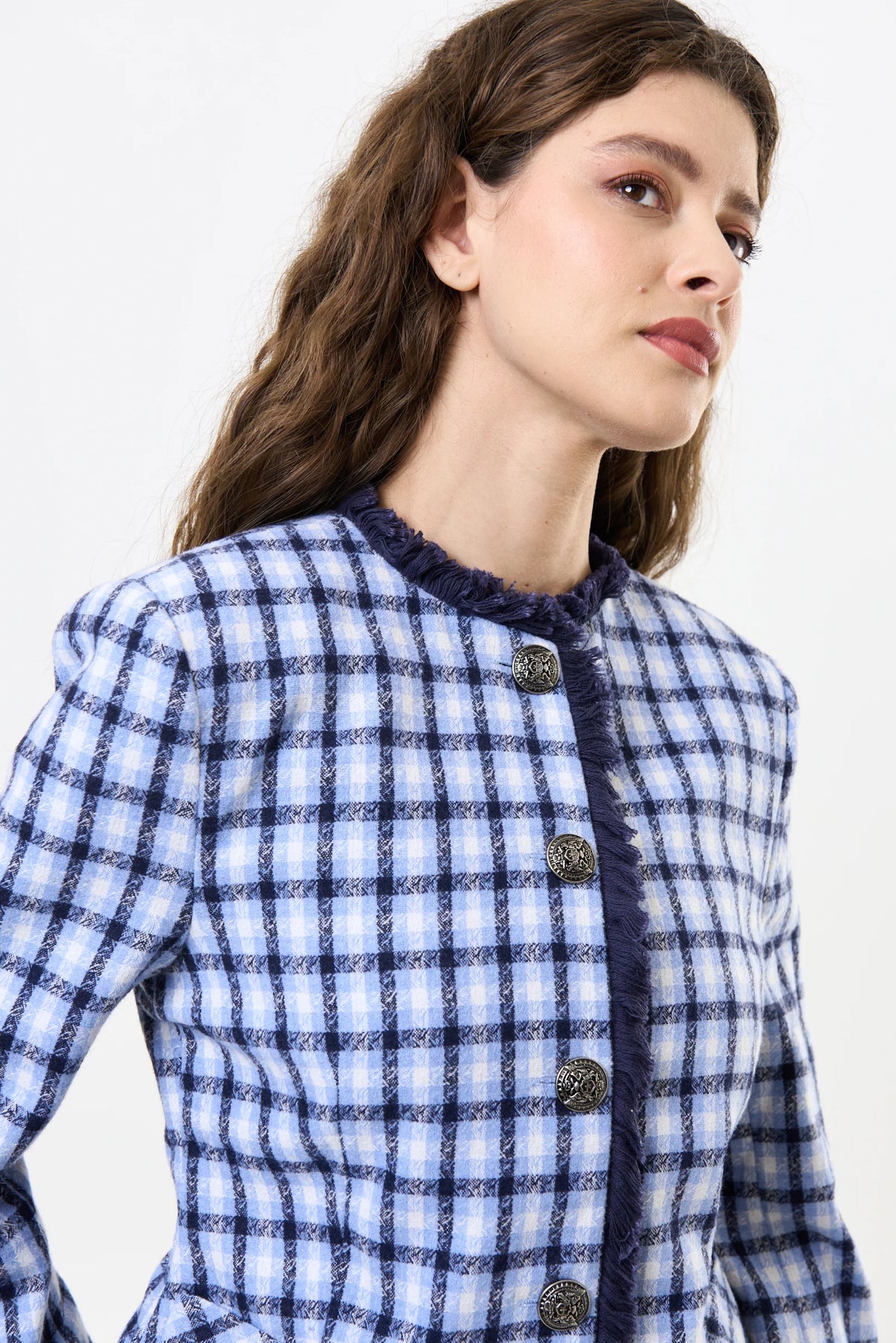 Amora Blue Tweed Fringe Trim Jacket