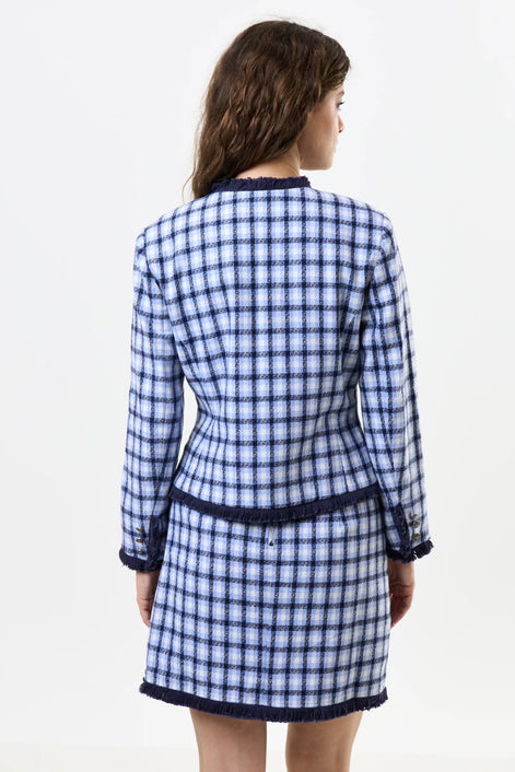 Amora Blue Tweed Fringe Trim Jacket