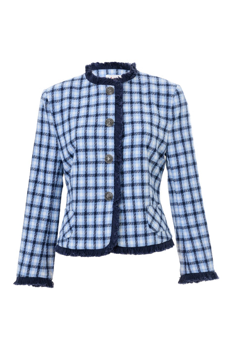 Amora Blue Tweed Fringe Trim Jacket