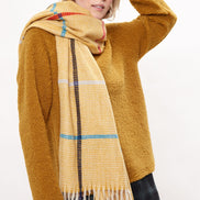 Louche Aoife Fluffy Warm Handle Woven Check Scarf With Tassels - Mustard