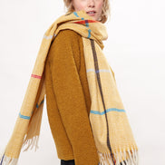 Louche Aoife Fluffy Warm Handle Woven Check Scarf With Tassels - Mustard