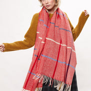 Louche Aoife Fluffy Warm Handle Woven Check Scarf With Tassels - Red