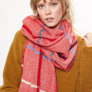 Louche Aoife Fluffy Warm Handle Woven Check Scarf With Tassels - Red