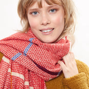 Louche Aoife Fluffy Warm Handle Woven Check Scarf With Tassels - Red