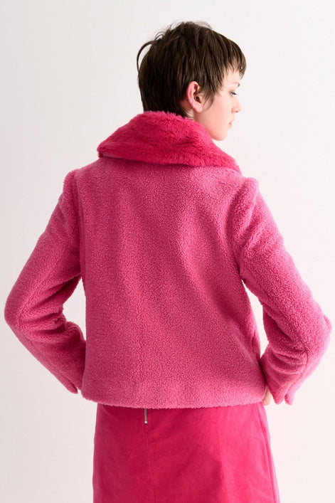 Apple Borg Faux Fur Collar Cropped Jacket - Pink