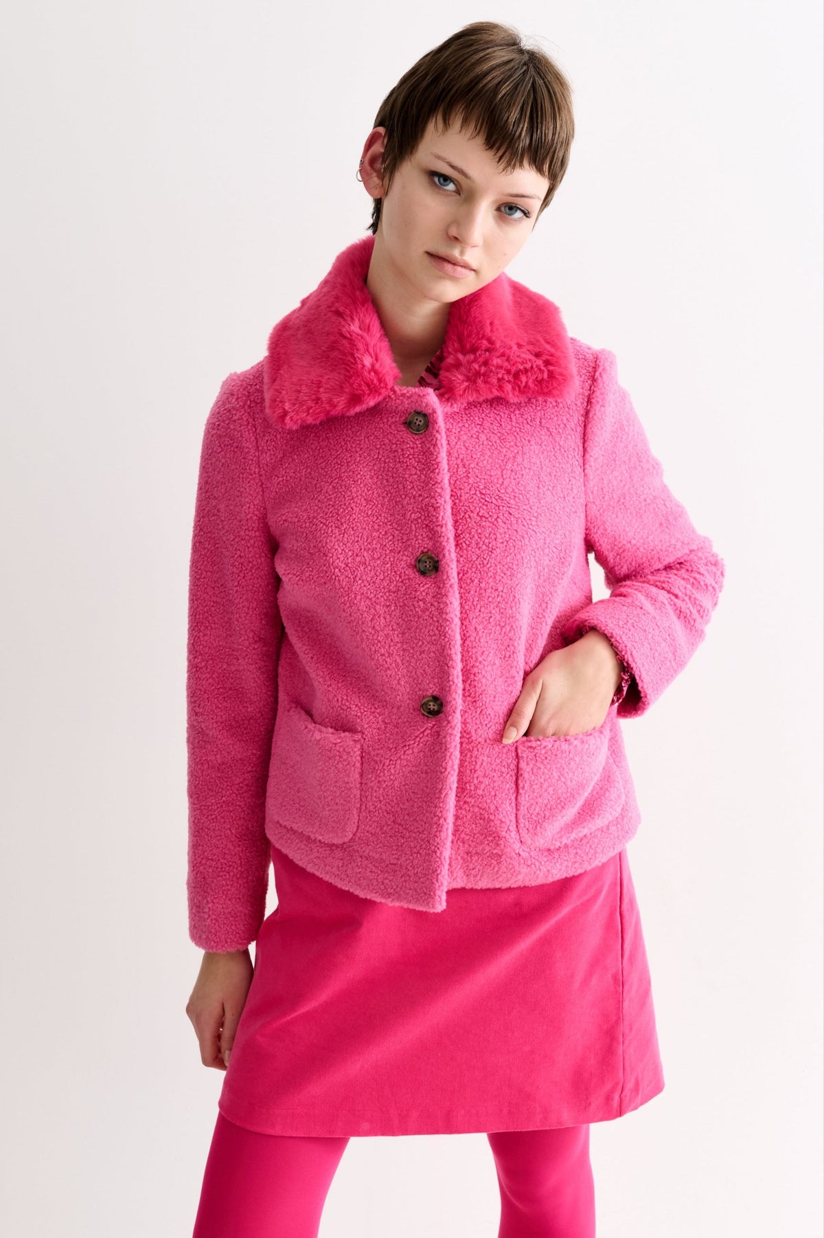 Apple Borg Faux Fur Collar Cropped Jacket - Pink