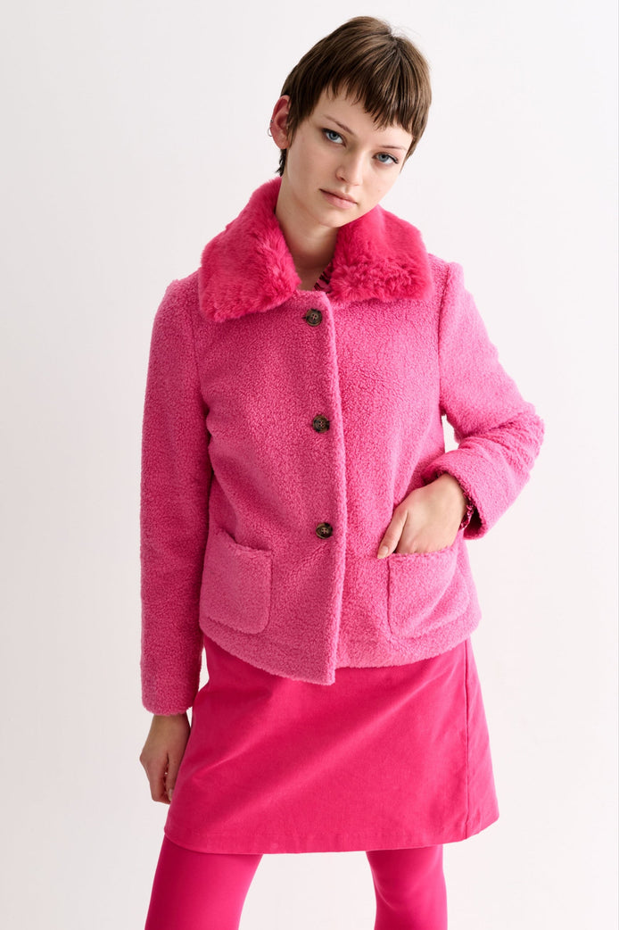 Apple Borg Faux Fur Collar Cropped Jacket - Pink