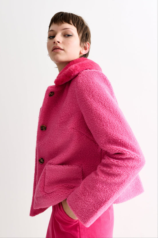 Apple Borg Faux Fur Collar Cropped Jacket - Pink