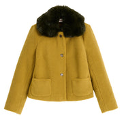 Apple Borg Faux Fur Collar Cropped Jacket - Mustard