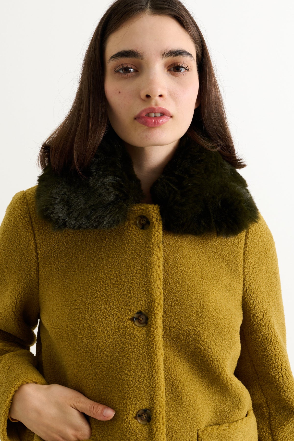 Apple Borg Faux Fur Collar Cropped Jacket - Mustard