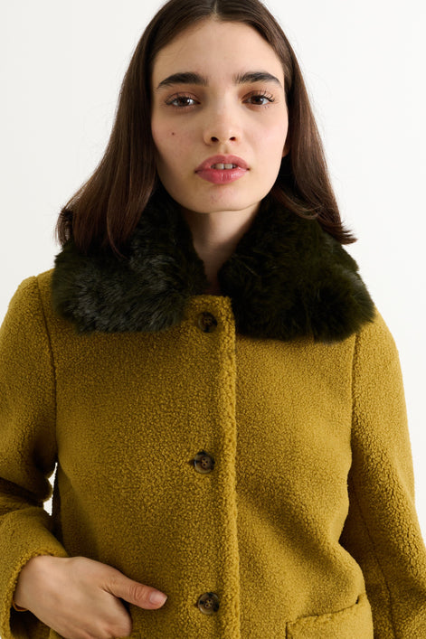 Apple Borg Faux Fur Collar Cropped Jacket - Mustard