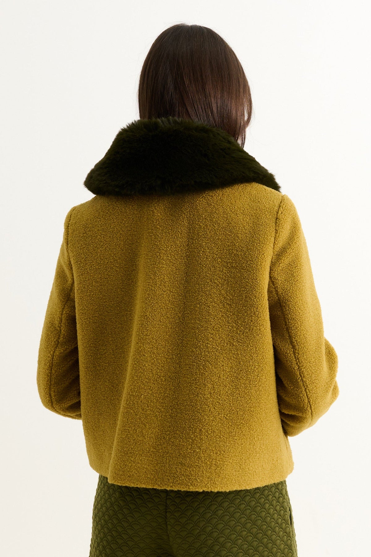 Apple Borg Faux Fur Collar Cropped Jacket - Mustard