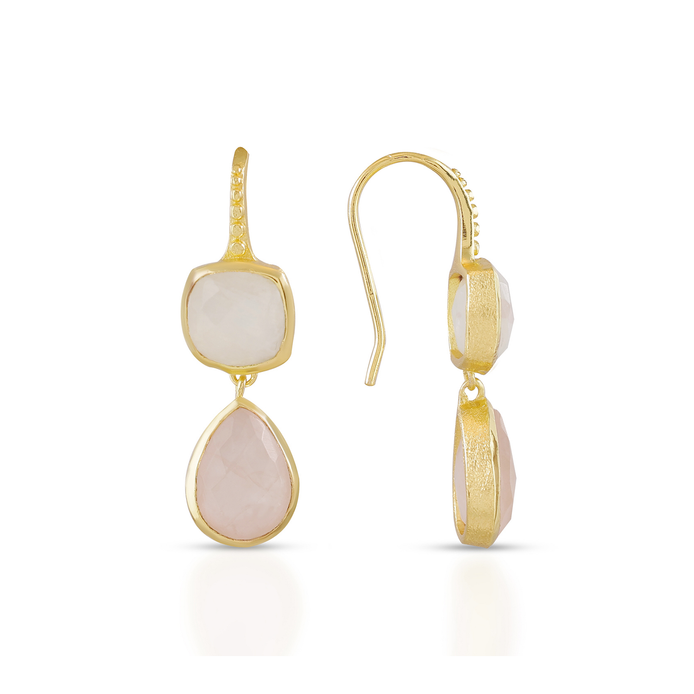 Charis Double Gemstone Earrings Moonstone & Rose Quartz
