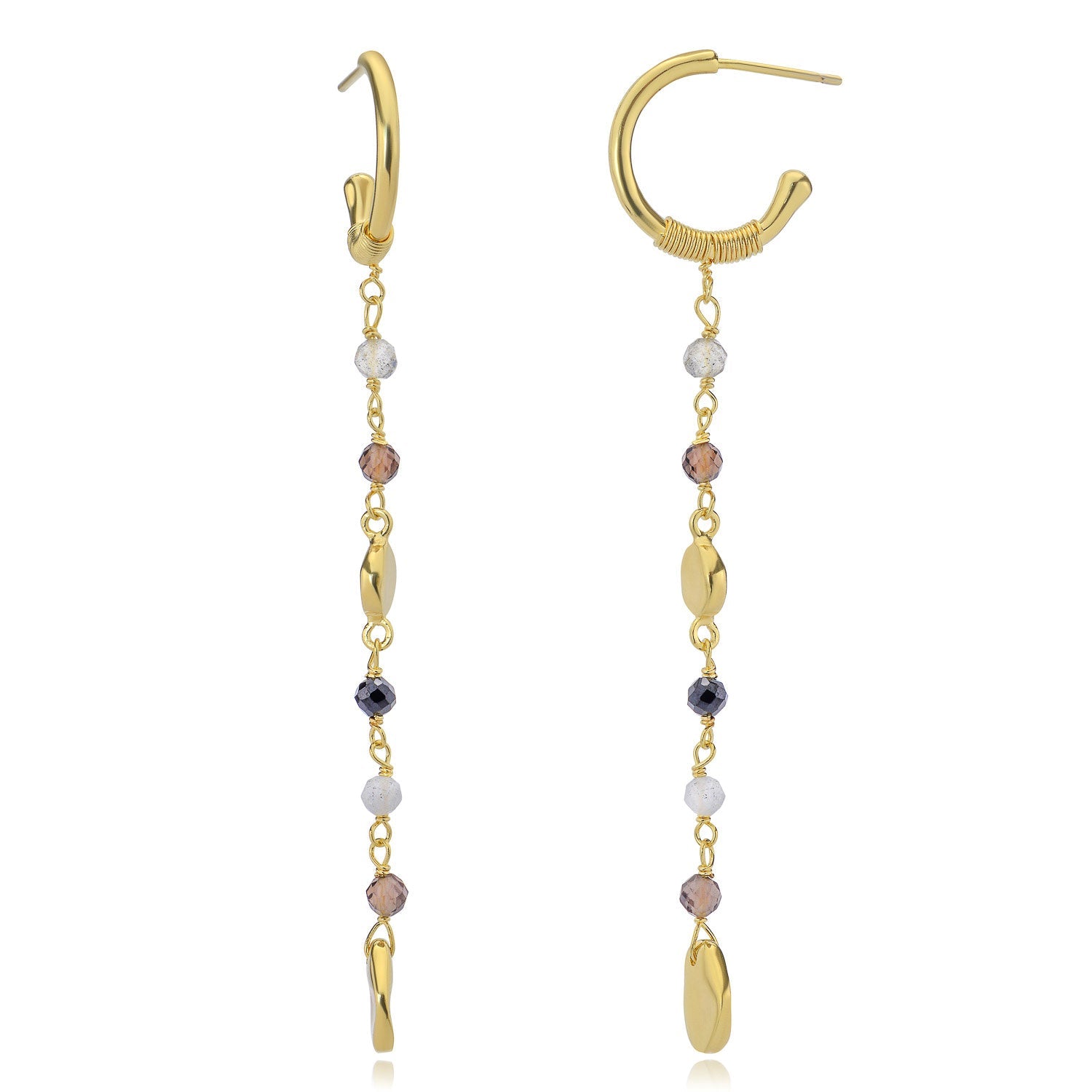 Sofia Small Hoop Nugget Earrings  Labradorite, Black Onyx & Smoky Quartz