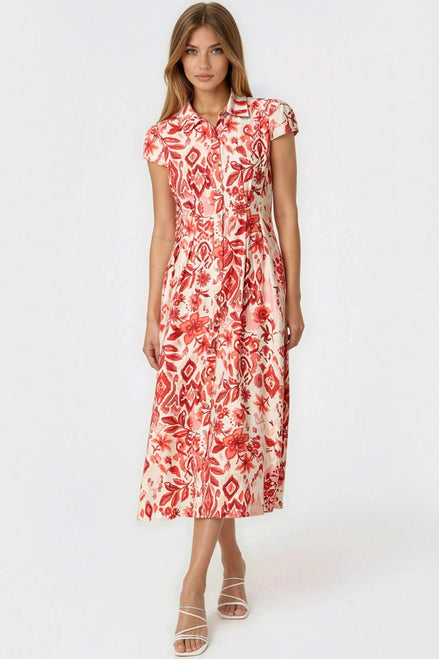 Orange Floral Shirt Midi Dress